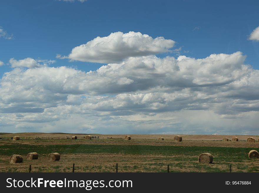 A meadow with hay bales in a flat land.