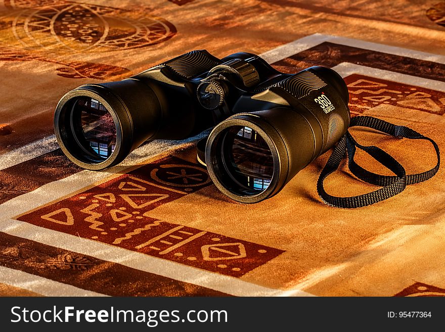 Black Binoculars in Maroon and Beige Textile