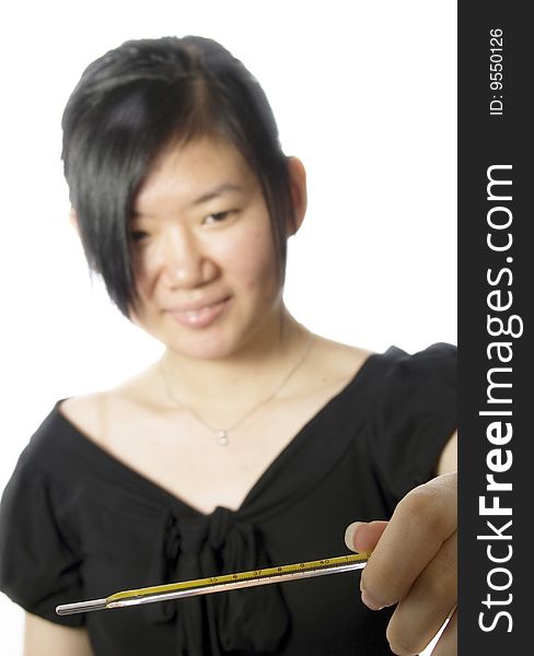 Woman holding a thermometer with white background. Woman holding a thermometer with white background