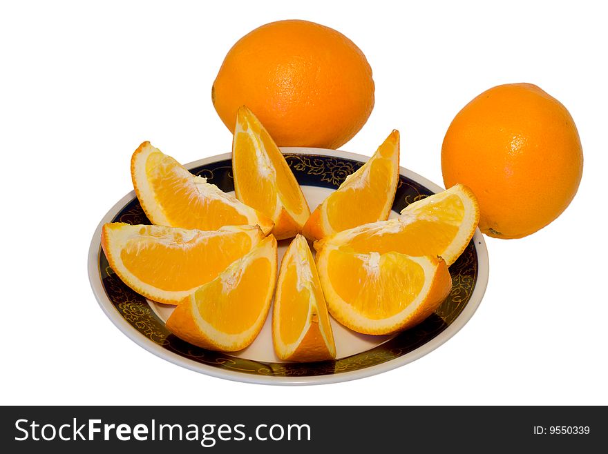 A close-up of the slices of orange on plate,. A close-up of the slices of orange on plate,