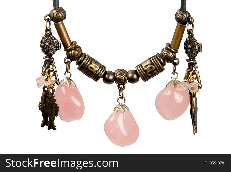 Female ornament a suspension bracket with pink quartz on a white background. Female ornament a suspension bracket with pink quartz on a white background