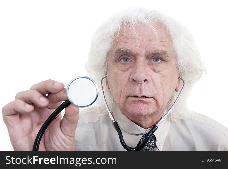 Older man with stethoscope listening