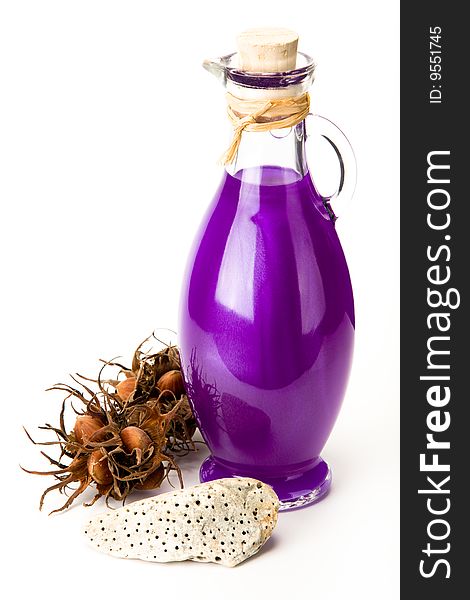 Purple shower gel with natural decorations. Purple shower gel with natural decorations