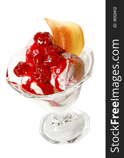 Ice cream dessert with raspberry sauce