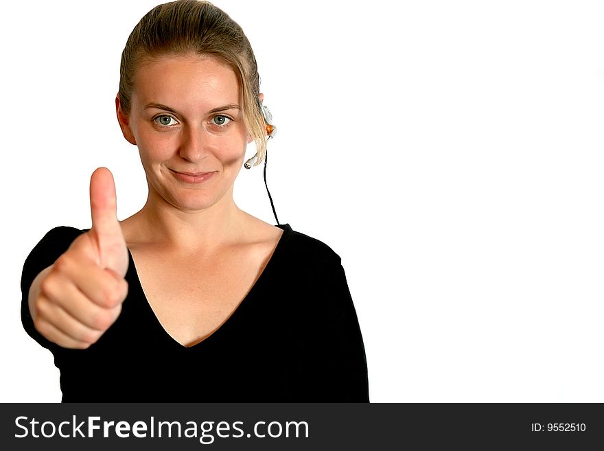 Smiling female call operator isolated on white