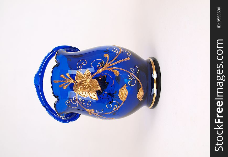 Exquisite Dark Blue Gold trimmed Crystal Decorative Basket Front view. Exquisite Dark Blue Gold trimmed Crystal Decorative Basket Front view