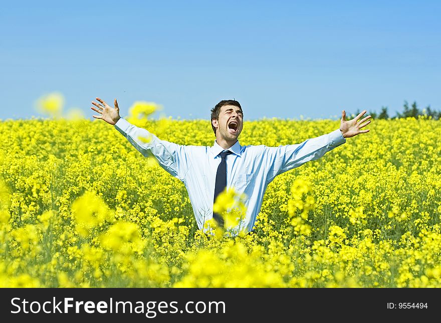 Businessman in a field of yellow flowers
