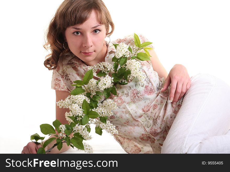 Girl With Branch Of Bird Cherry