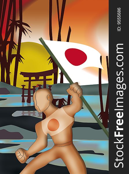 Illustration of a man holding japan flag. Illustration of a man holding japan flag