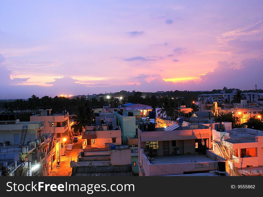 A beautiful panoramic view of a residential colony at evening time.