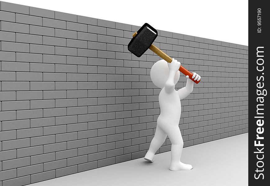Person prepare strike the wall with a sledgehammer. Person prepare strike the wall with a sledgehammer.