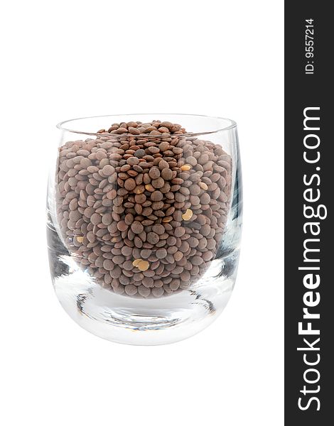 Green lentils in glass, isolated on white background. Green lentils in glass, isolated on white background