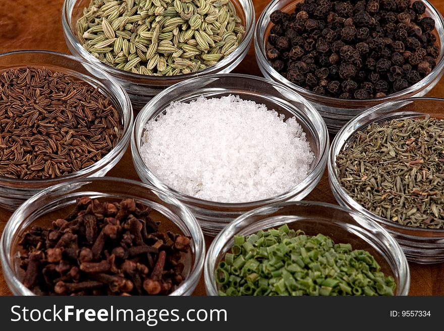 Indian spices on wooden table