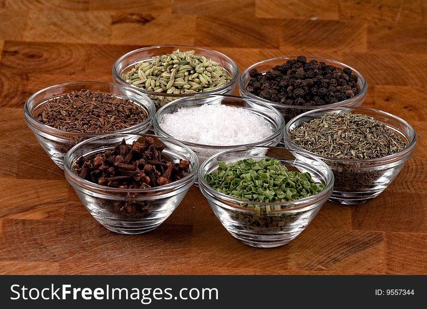 Indian spices on wooden table