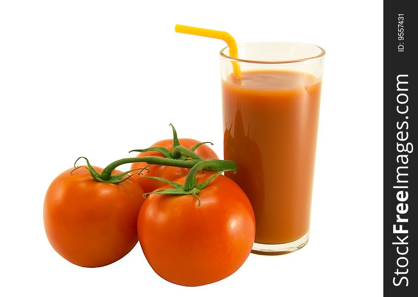 Tomato juice and three tomato close-up. Tomato juice and three tomato close-up