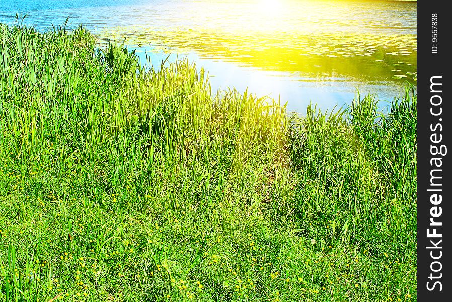 Summer morning over small river and green meadow. Summer morning over small river and green meadow.