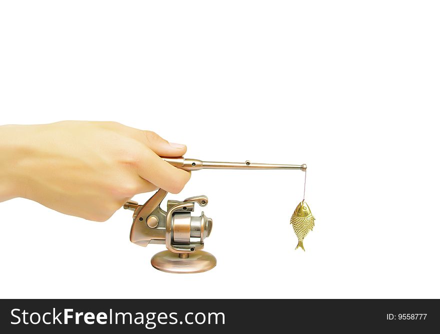 Hand holding fishing-rod with gold fish. Hand holding fishing-rod with gold fish