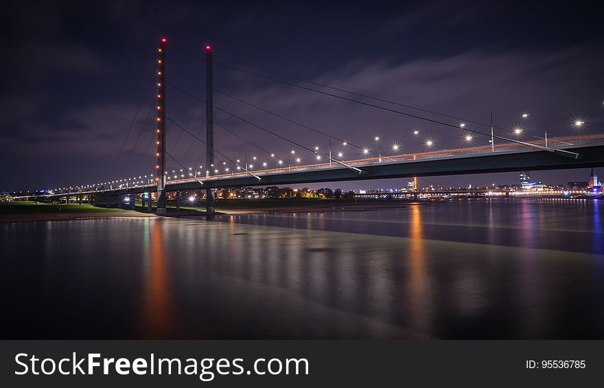 Rheinkniebrücke (Rhine knee bridge) in Düsseldorf in Germany, at Night. Rheinkniebrücke (Rhine knee bridge) in Düsseldorf in Germany, at Night.