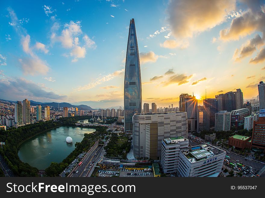 The Lotte World Tower and Seoul city skyline. The Lotte World Tower and Seoul city skyline.