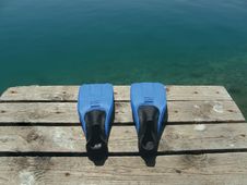 Fins Blue On Sea-port With Green Blue Sea Royalty Free Stock Images