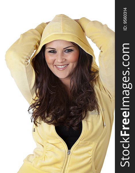 Beautiful Young Woman in Tracksuit with Hands up on white background