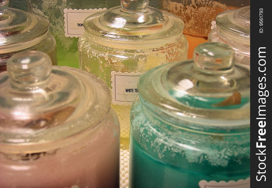 A collection of spa bath salts for scrubbing, pedicures; and relaxation.