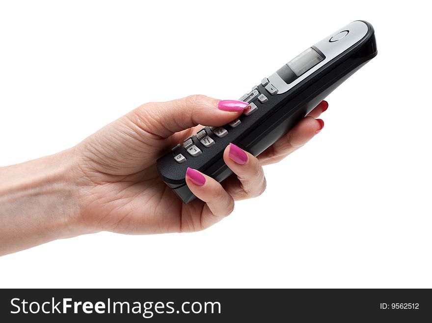 Feminine hand with telephone, rose nailwear, manicure, on white background