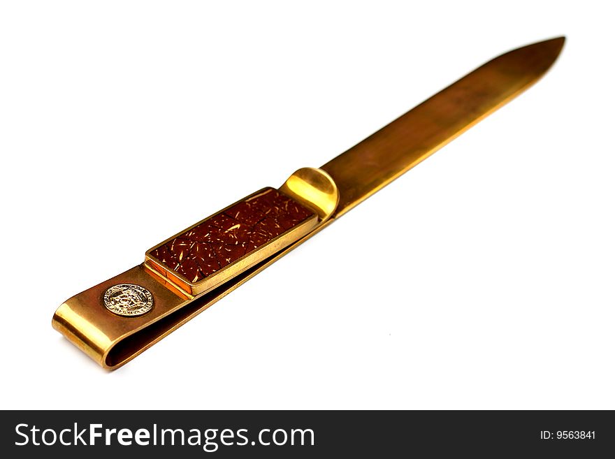 Old golden Asian knife on white background