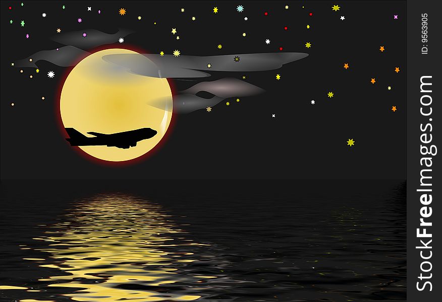 Silhouette of jet against moon over ocean. Silhouette of jet against moon over ocean