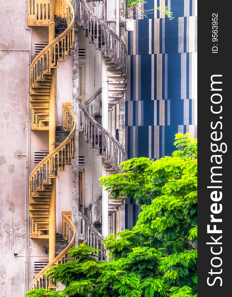 Two spiral staircases side by side in opposite directions. Two spiral staircases side by side in opposite directions