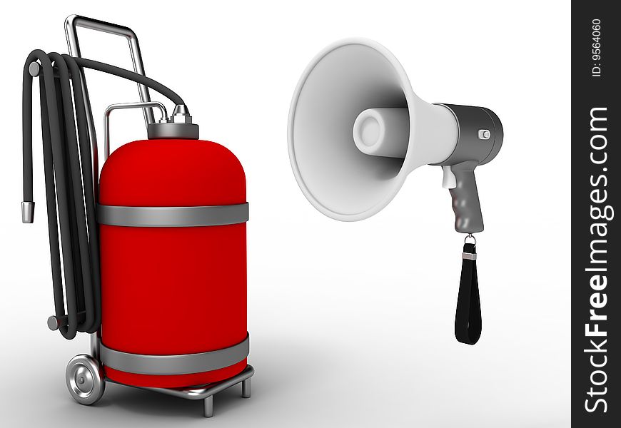 Megaphone and red gas cylinder on white background. Megaphone and red gas cylinder on white background