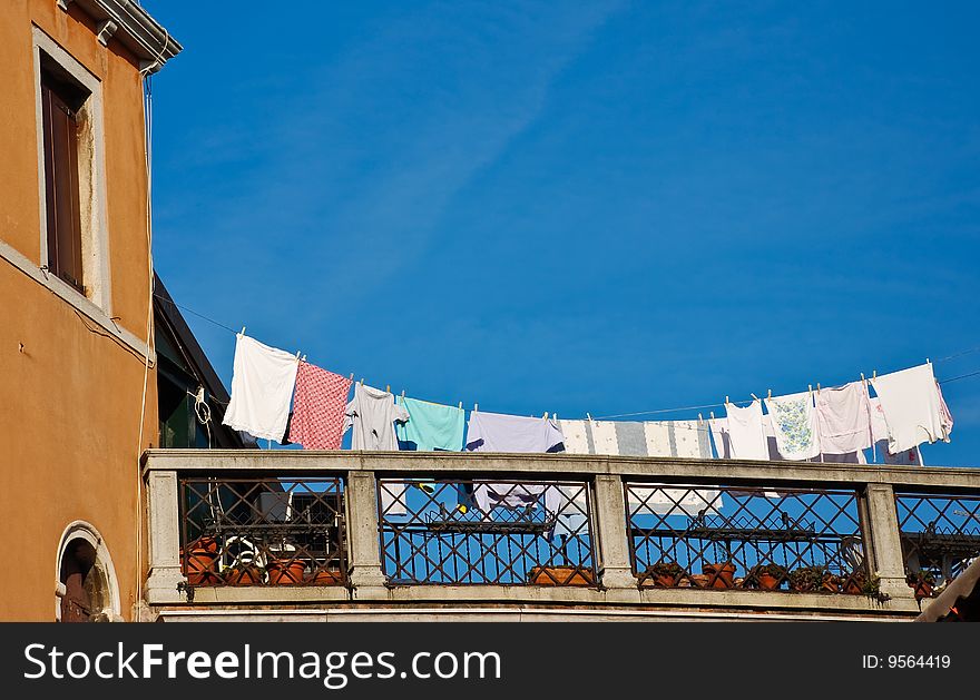 Terrace in Venice with laundry drying on a rope. Terrace in Venice with laundry drying on a rope