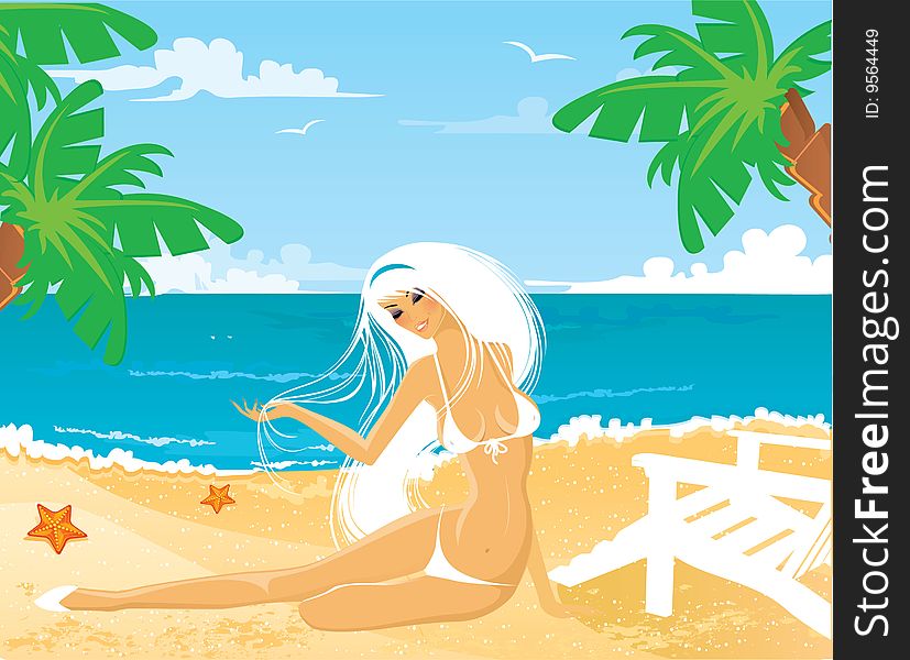 Girl on beach, vector illustration