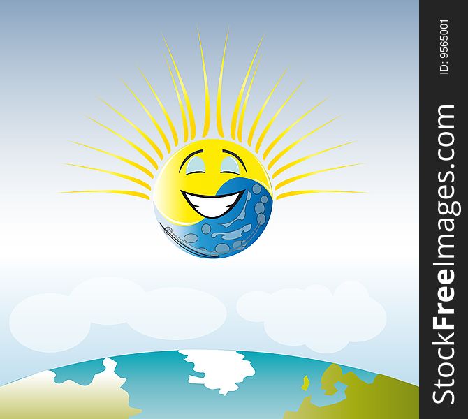 Sun and moon with earth smileing