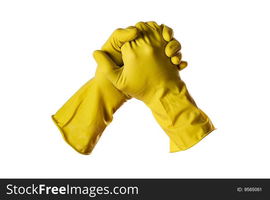 Yellow rubber gloves on white with clipping path