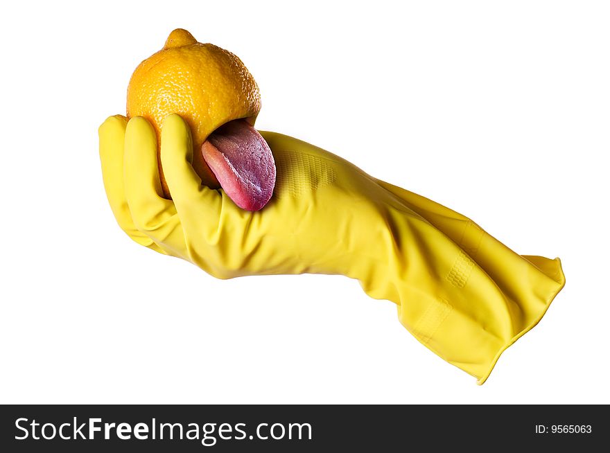 Yellow rubber glove and lemon with tongue with clipping path