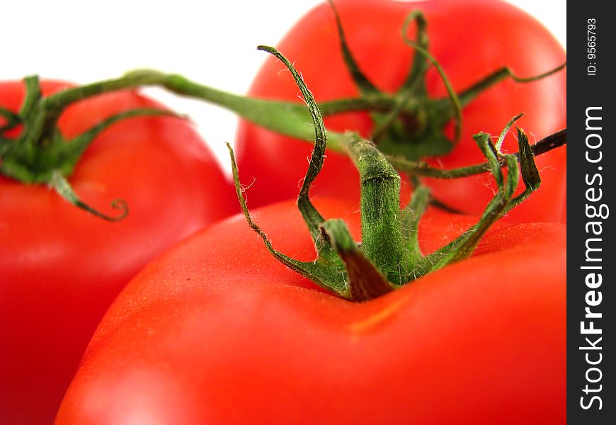 Three red tomatoes attached to a vine on a white background. Three red tomatoes attached to a vine on a white background