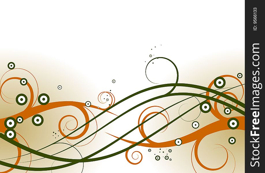 Horizontal abstract flower background with curves and scrolls. orange, green and white colors