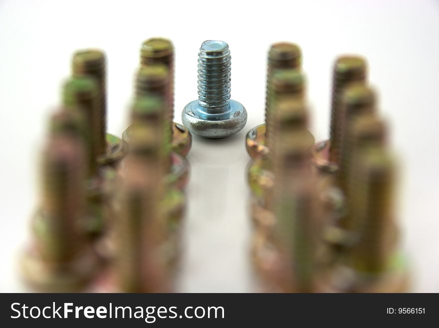 Metal bolts in row isolated on white background