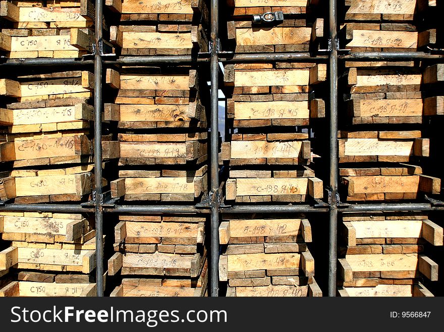 Rack with wooden boxes in a warehouse