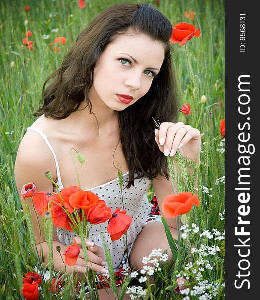 Beauty girl with long hair posing at poppy meadow. Beauty girl with long hair posing at poppy meadow