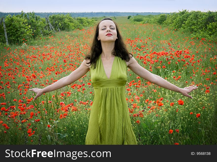 Young girl with long hair in poppies field. Young girl with long hair in poppies field