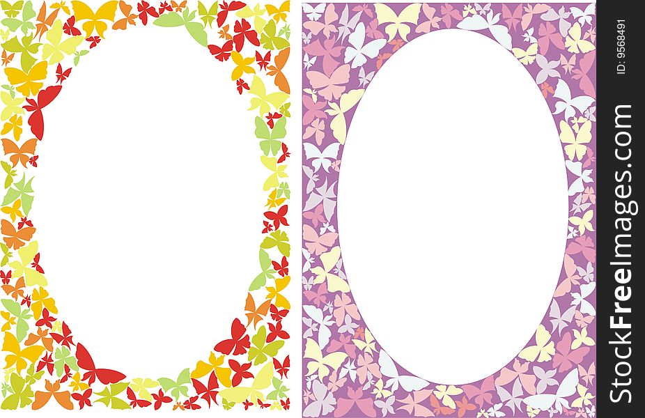 Two frames with coloured butterflies. Two frames with coloured butterflies