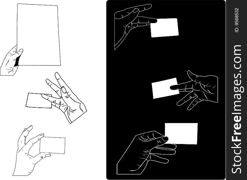 White and black hands olding paper sheet and business card. Good for illustrating anything related to communication, business or the office environnement. Hands are separated on different layers. White and black hands olding paper sheet and business card. Good for illustrating anything related to communication, business or the office environnement. Hands are separated on different layers.