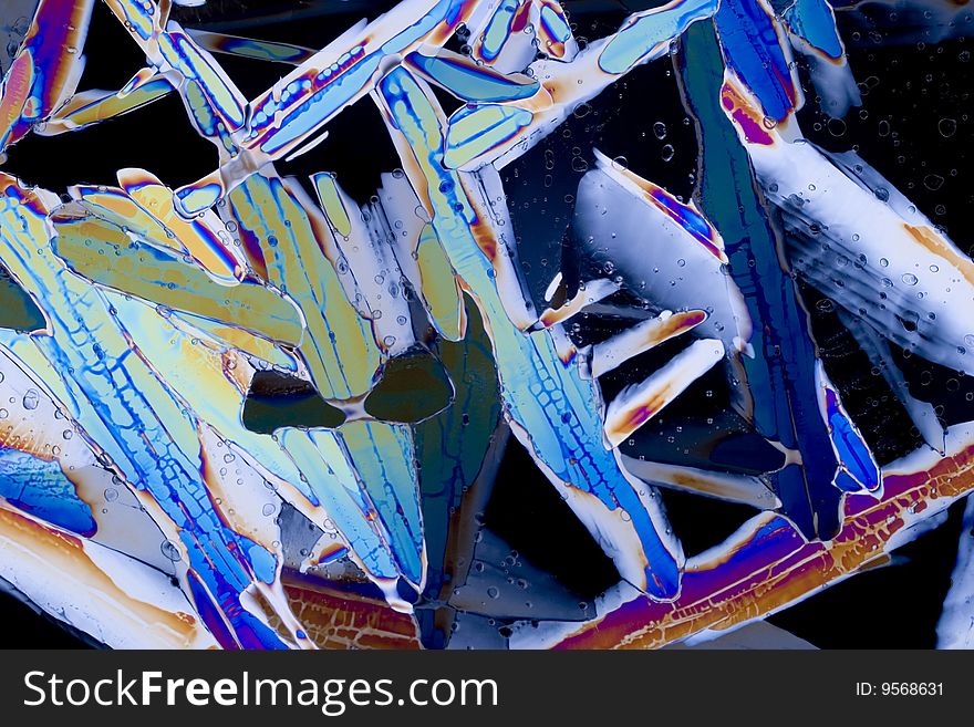 Macro photograph of cross polarized ice crystals.