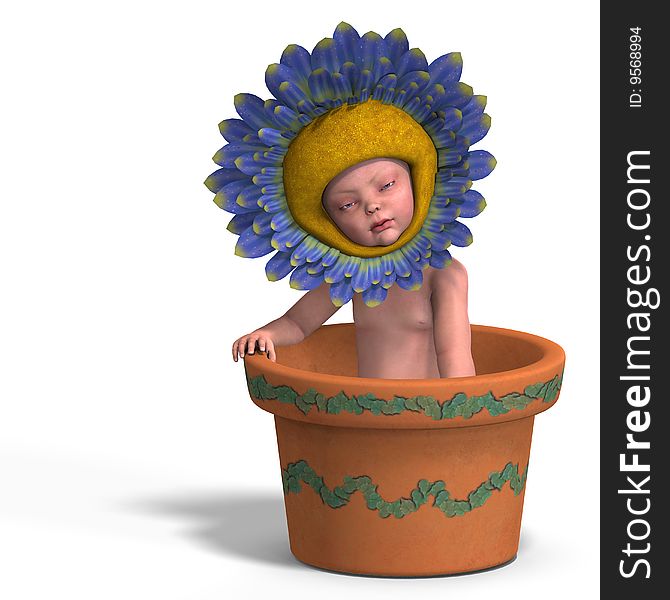 Rendering of a young baby in a flower-pot. With Clipping Path and shadow over white. Rendering of a young baby in a flower-pot. With Clipping Path and shadow over white