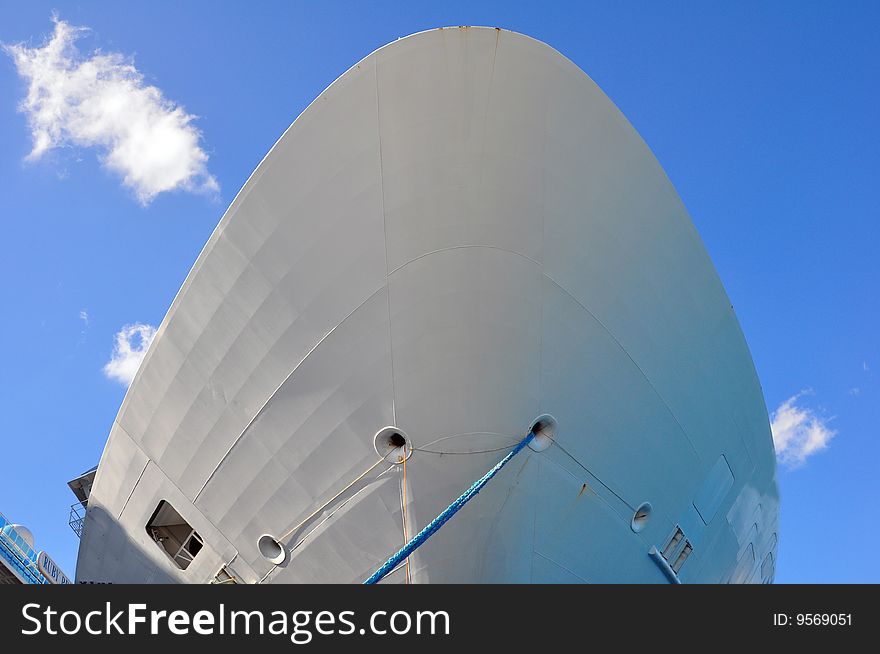 Bow of cruise ship with blue sky
