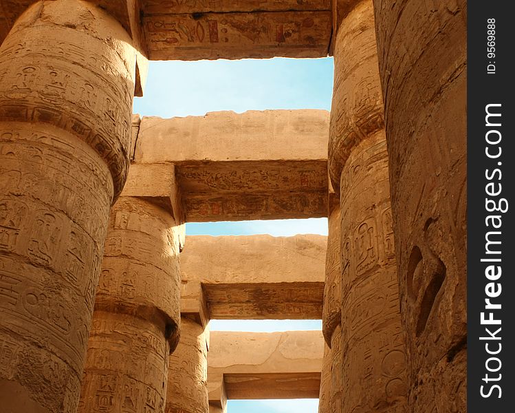 Columns of Karnak's temple with egyptian hieroglyphs