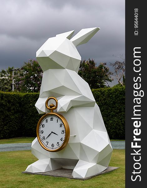 White Rabbit Holding Gold Frame Pocket Watch Statue