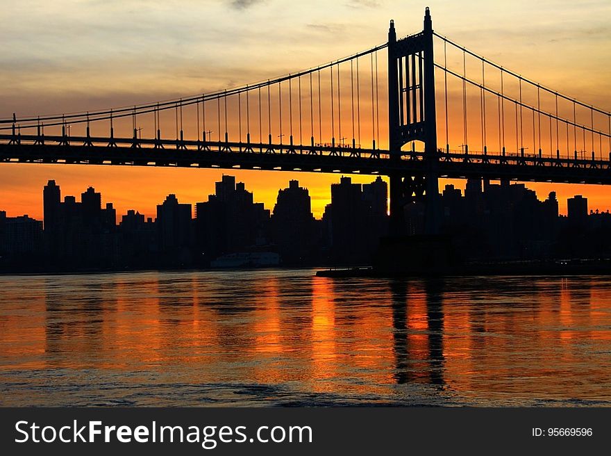 Bridge, Reflection, Sunset, Skyline